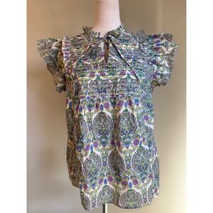 Boho whimsi M Ruffle Neck Keyhole Blouse Floral cottage fairy Top green pink tie